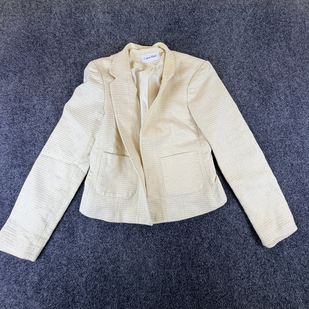 Calvin Klein Womens Cream Gold Metallic Houndstooth Blazer Jacket 4 Open‎ Front